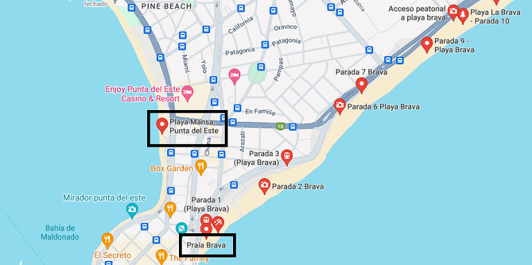 Região de Playa Mansa e Playa Brava em Punta del Este: Mapa
