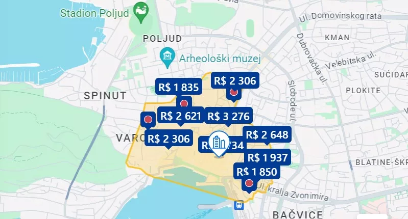 Mapa de hospedagens em Split