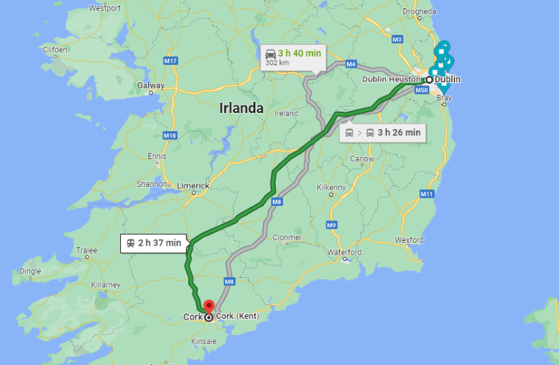 Dublin a Cork: mapa