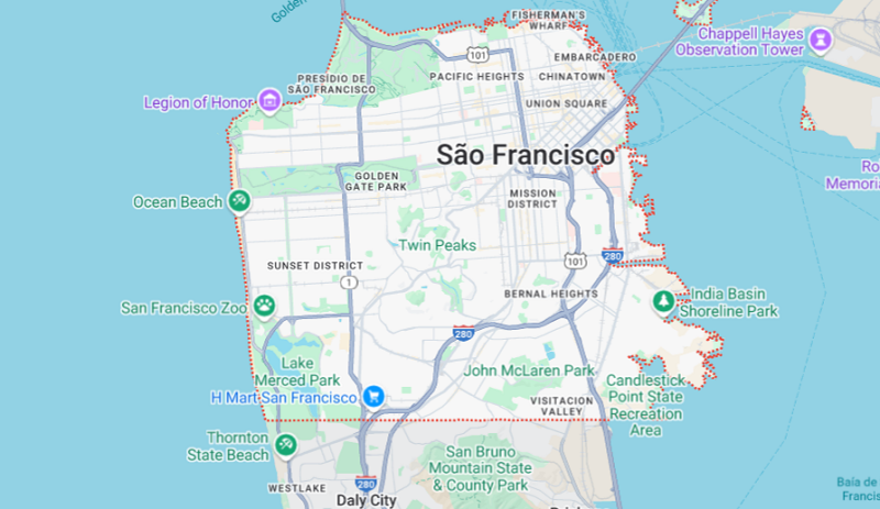 Mapa com as regiões onde ficar em San Francisco