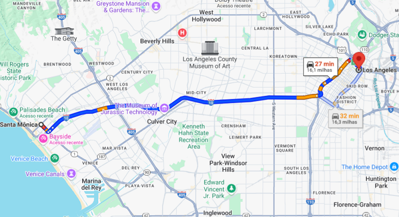 Mapa de Santa Mônica até a área mais central de Los Angeles