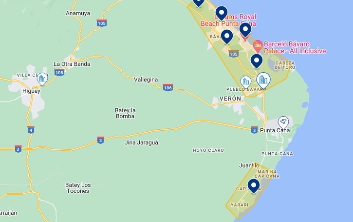 Mapa das melhores regiões onde ficar em Punta Cana