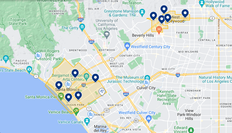 Mapa das melhores regiões onde ficar em Los Angeles: Santa Mônica e West Hollywood