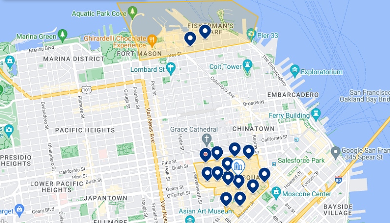 Mapa das melhores regiões onde ficar em San Francisco: Union Square e Fisherman's Wharf