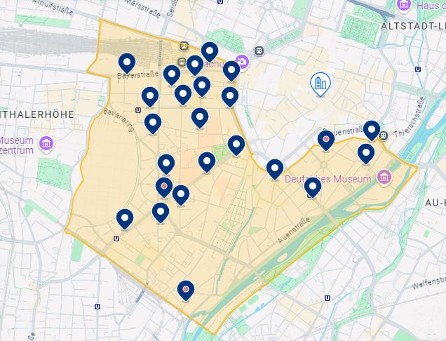 Mapa de Ludwigsvorstadt-Isarvorstadt em Munique