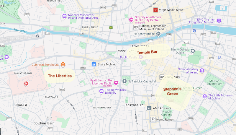 Mapa das regiões de Dublin