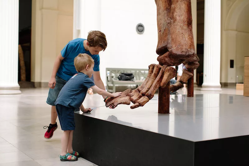 Crianças com esqueleto de dinossauro no Field Museum em Chicago