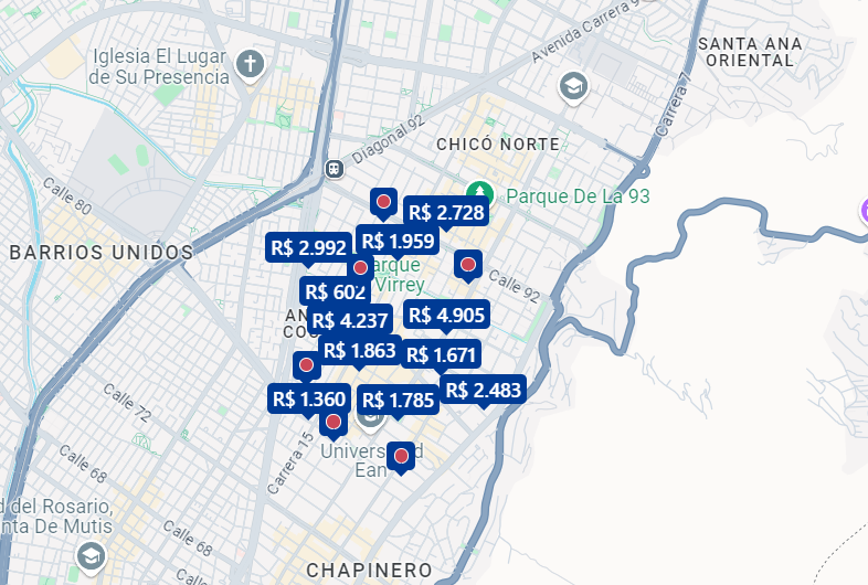 Mapa da Zona T em Bogotá