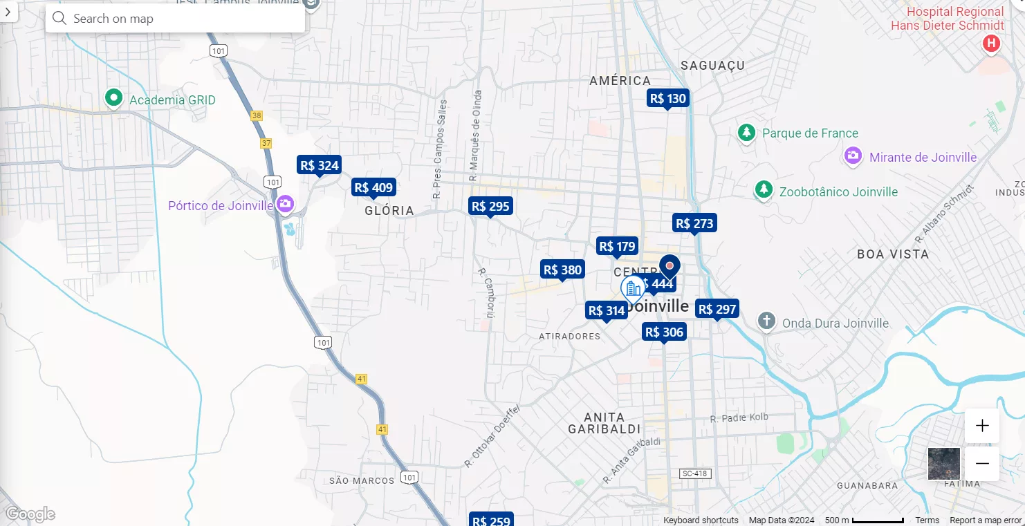 Mapa hospedagem em Joinville