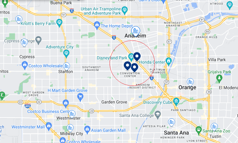 Mapa da melhor região onde ficar em Anaheim