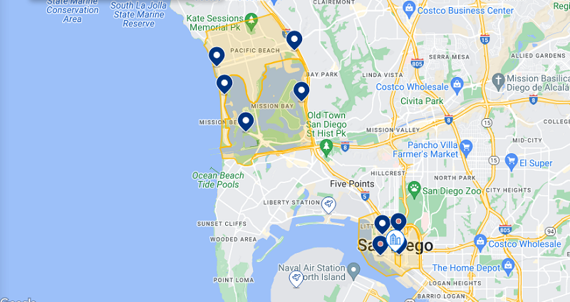 Mapa das regiões onde ficar em San Diego