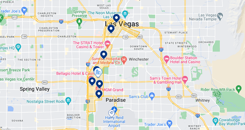 Mapa das melhores regiões onde ficar em Las Vegas