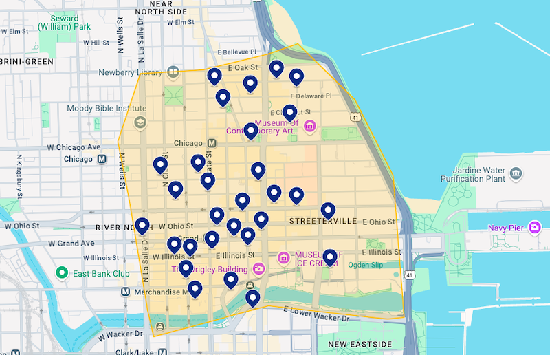 Mapa de melhores hotéis em Magnificent Mile em Chicago