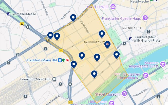 Mapa de hotéis em Bahnhofsviertel em Frankfurt