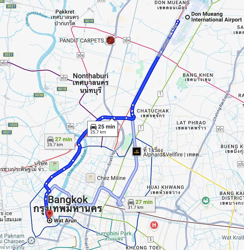 Mapa do Aeroporto de Don Mueang (DMK) até ao centro de Bangkok