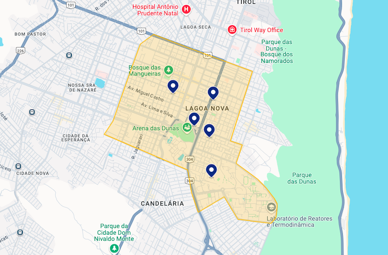 Mapa dos melhores hotéis em Lagoa Nova em Natal