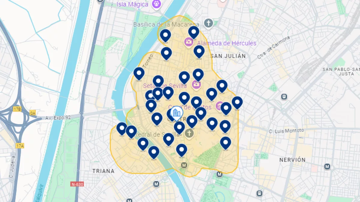 Mapa de hotéis em Sevilha