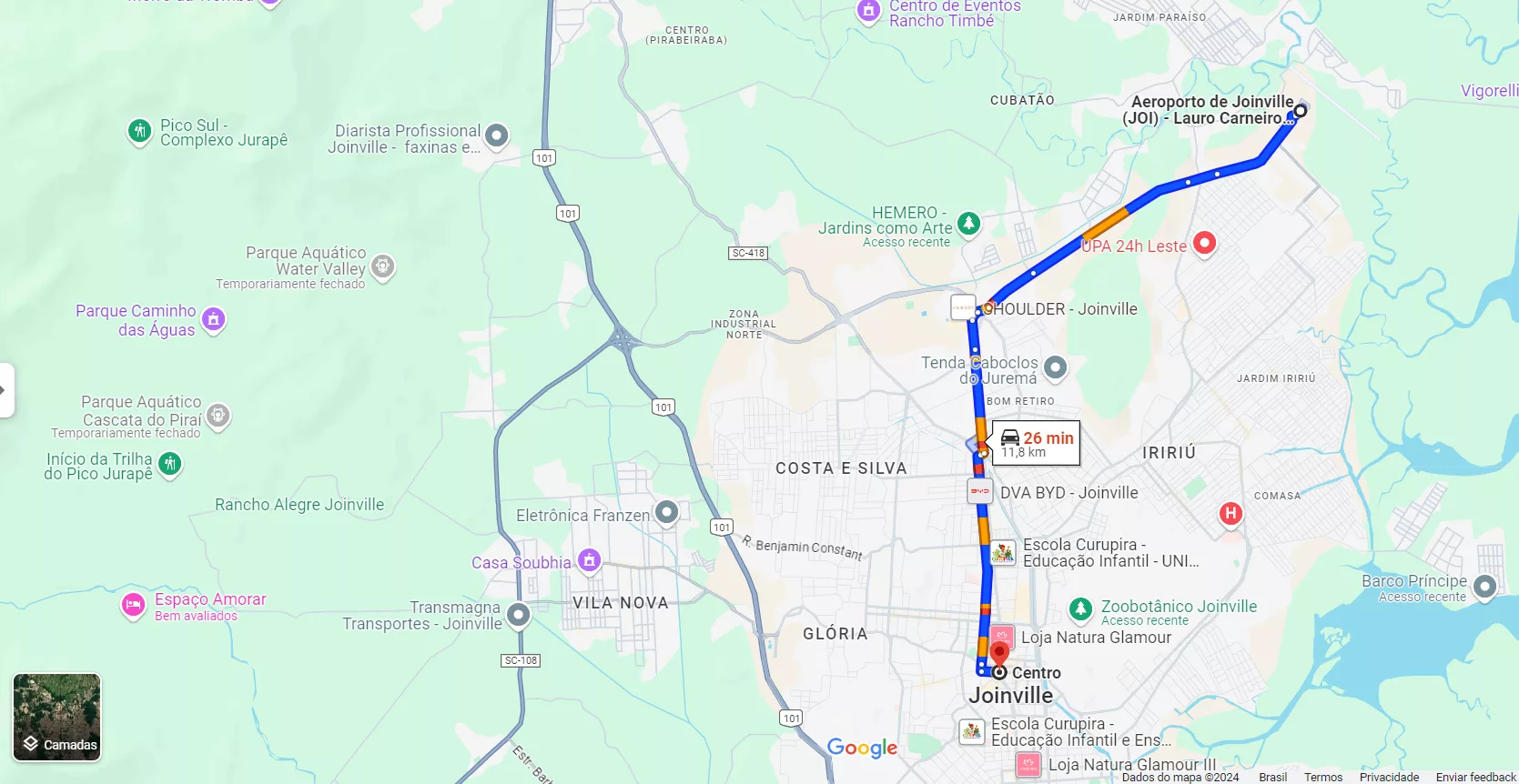 Deslocamento aeroporto até o centro de Joinville