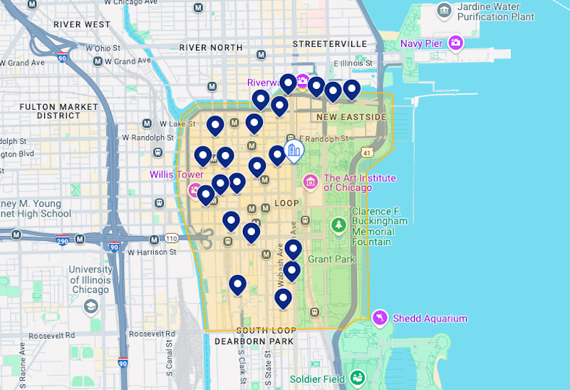 Mapa de melhores hotéis em Chicago