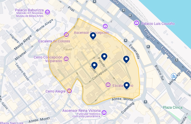 Mapa dos melhores hotéis no Cerro Concepción em Valparaíso