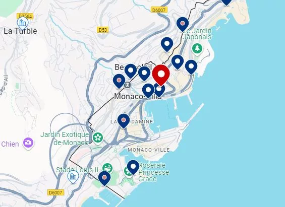 Mapa de hotéis em Mônaco