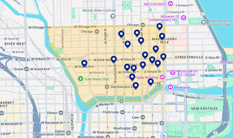 Mapa de melhores hotéis em River North em Chicago