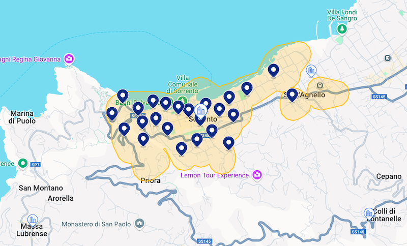 Mapa de melhores hotéis em Sorrento