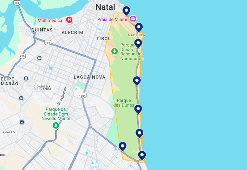 Mapa dos melhores hotéis na Via Costeira em Natal