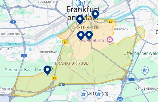 Mapa de hotéis em Sachsenhausen em Frankfurt