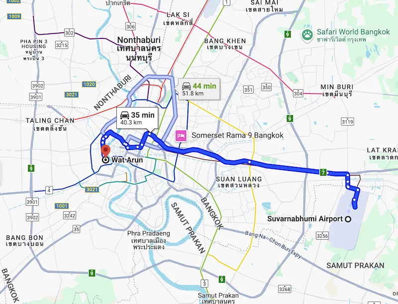 Mapa do Aeroporto de Suvarnabhumi (BKK) até ao centro de Bangkok