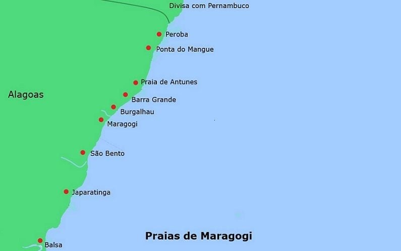 Mapa das melhores praias de Maragogi