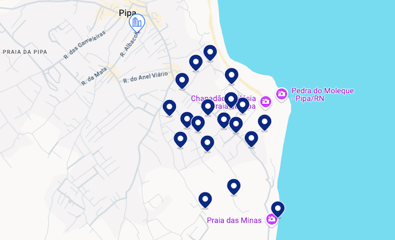 Mapa dos melhores hotéis na Praia das Minas e em Pipa