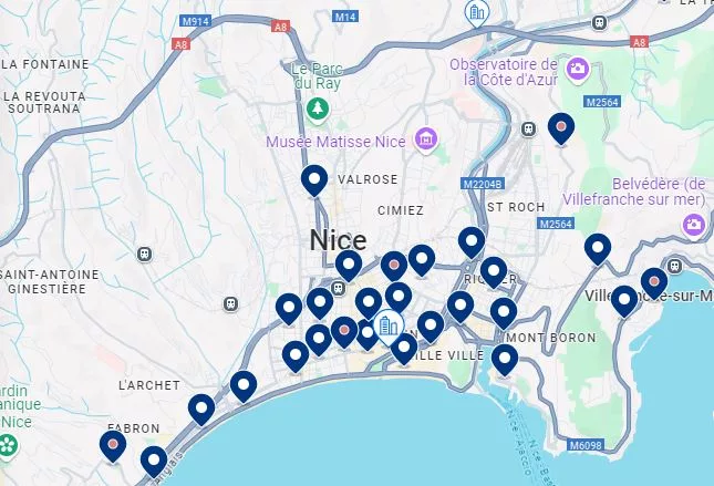 Mapa de hotéis em Nice