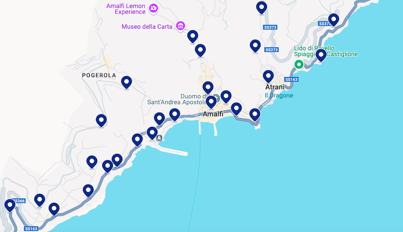 Mapa de melhores hotéis em Amalfi na Costa Amalfitana