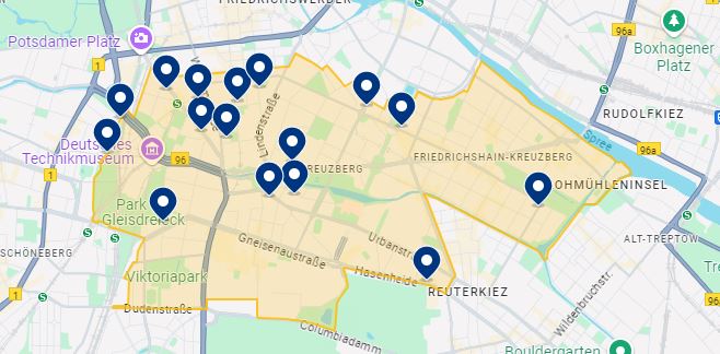 Mapa de hotéis em Kreuzberg em Berlim