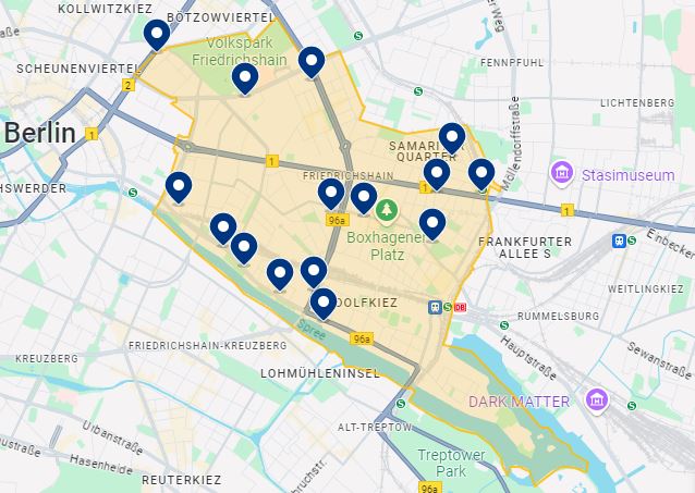 Mapa de hotéis em Friedrichshain em Berlim