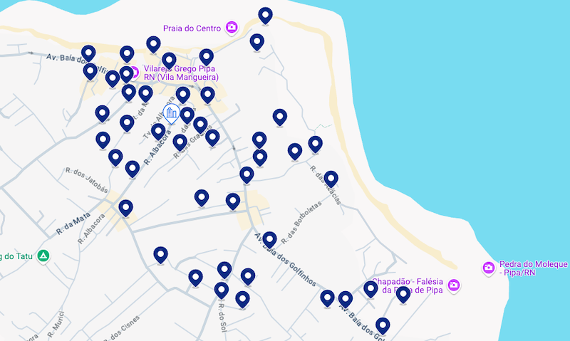 Mapa dos melhores hotéis na Praia do Amor e em Pipa