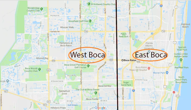 Mapa das divisões em East e West Boca Raton