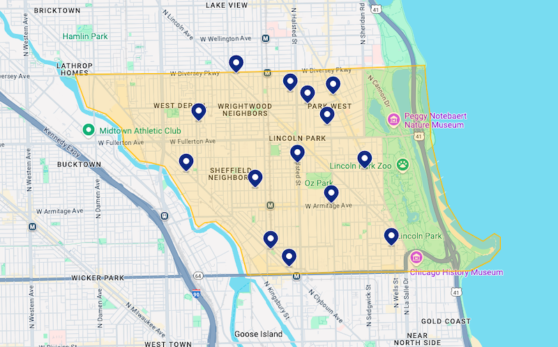 Mapa de melhores hotéis em Lincoln Park em Chicago