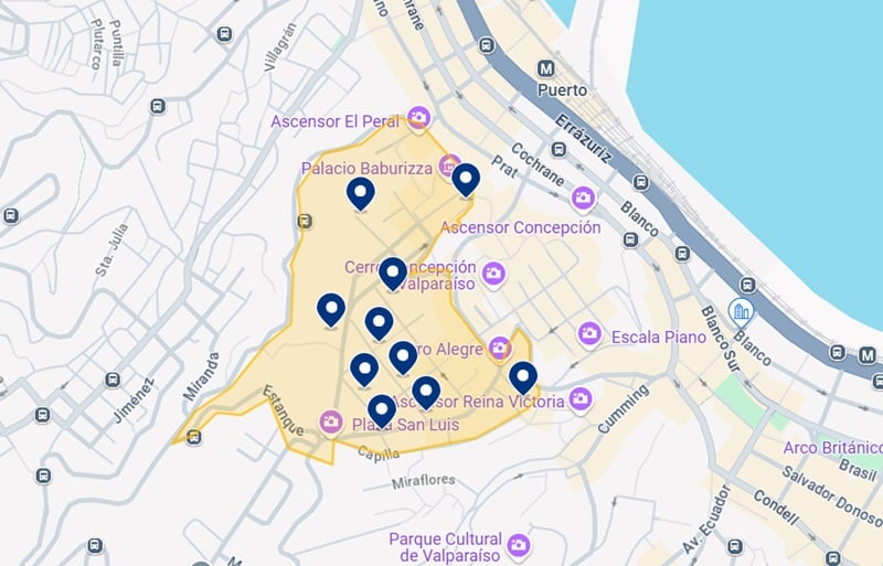 Mapa dos melhores hotéis no Cerro Alegre em Valparaíso