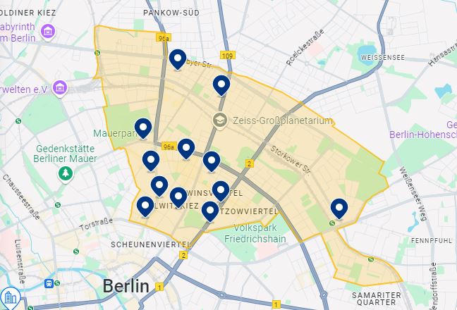 Mapa de hotéis em Prenzlauer Berg em Berlim