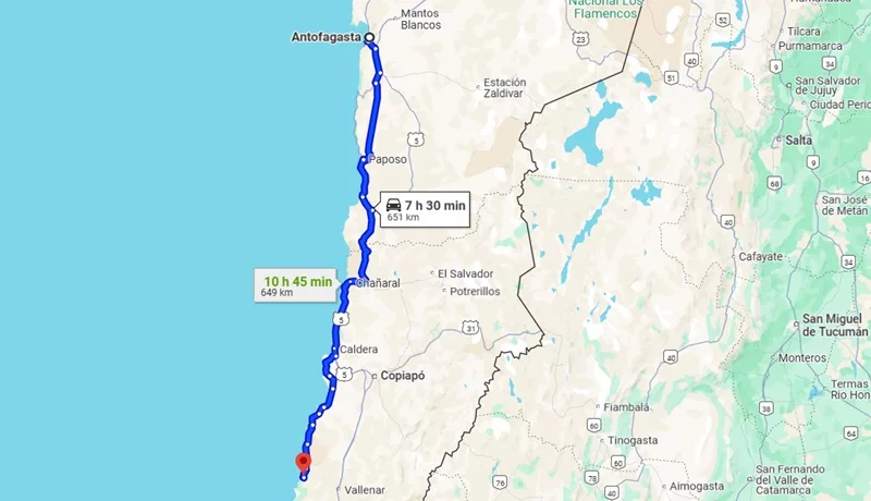 Mapa de Antofagasta até o Valle del Huasco