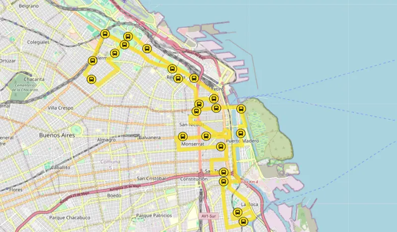 Mapa das 22 paradas do ônibus turístico em Buenos Aires