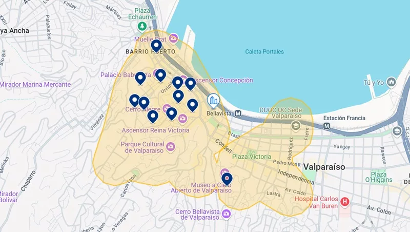 Mapa dos melhores hotéis em Valparaíso