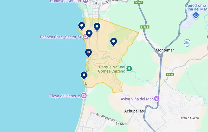 Mapa com os melhores hotéis em Reñaca em Viña del Mar