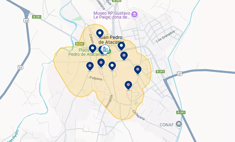 Mapa dos melhores hotéis em San Pedro de Atacama