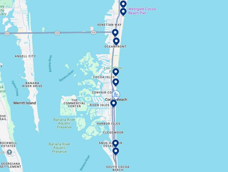 Mapa de melhores hotéis em Cocoa Beach