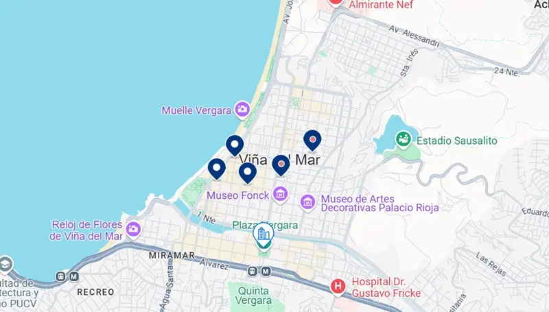 Mapa com os melhores hotéis no Centro de Viña del Mar