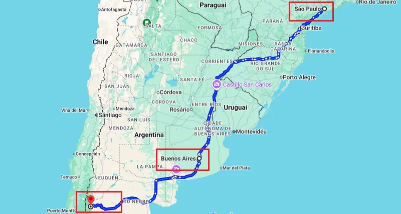 Mapa de uma viagem de carro de São Paulo a Bariloche