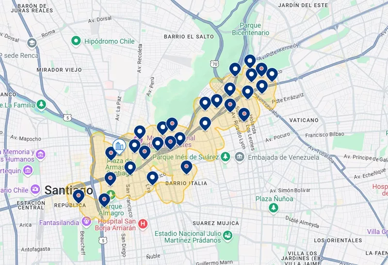 Mapa dos melhores hotéis em Santiago